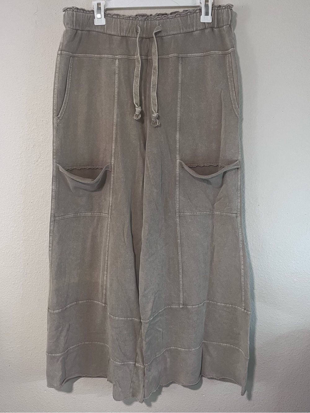 Wide Leg Drawstring Pocket Pants in Taupe